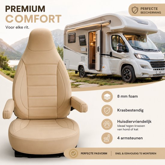 Beige stoelhoes voor campers met 8 mm schuim, krasbestendig en huisdiervriendelijk.