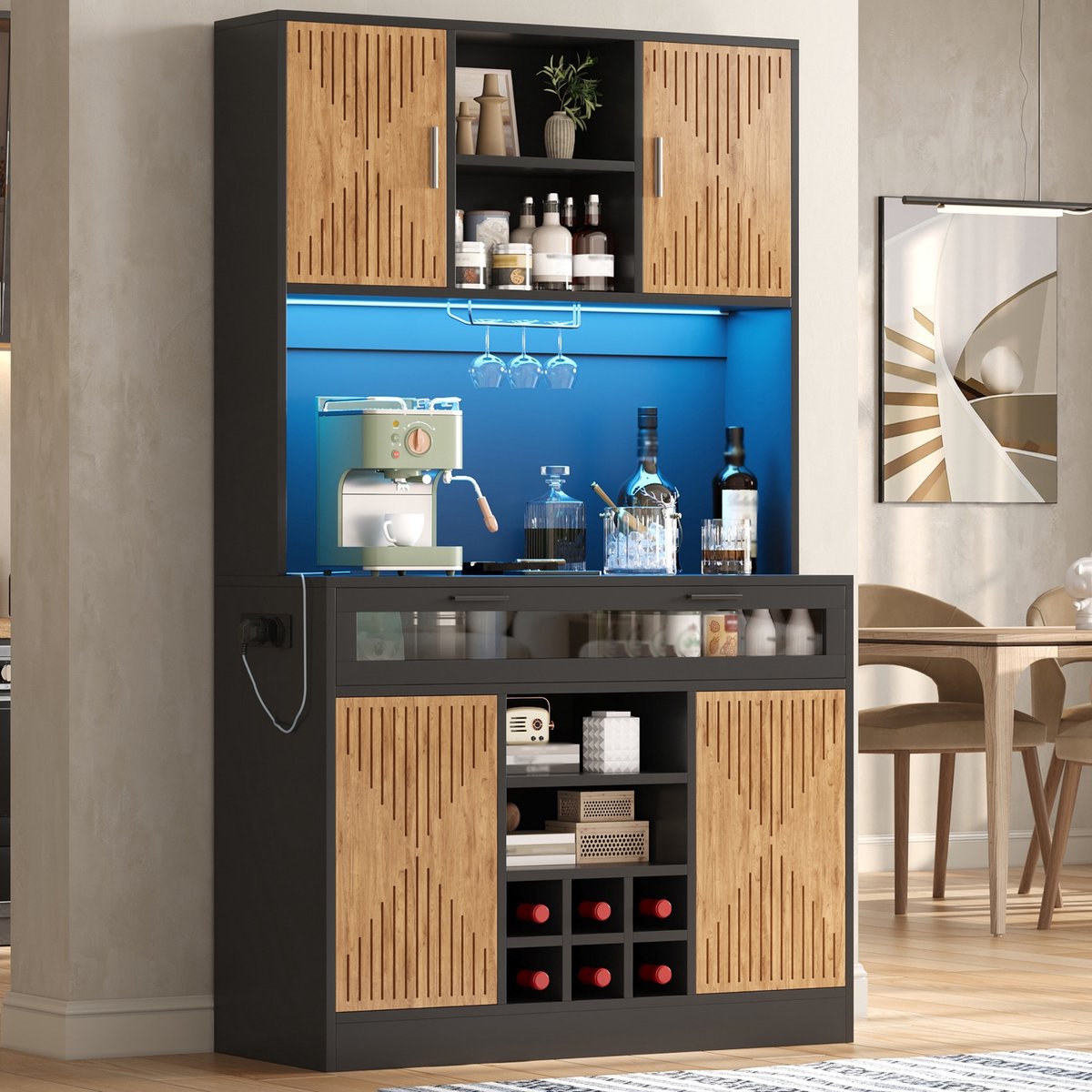 MIVRAY Keukenkast - Hoge Voorraadkast Met RGB Ledverlichting En Stopcontacten - Keuken En Eethoek - MDF - 105 x 40 x 180 Cm - Natuurlijk Zwart