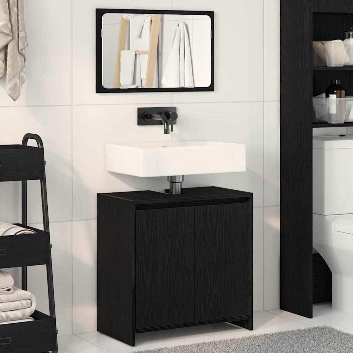 Badkamerkast met deur in eikenlook, houtmateriaal, 60 x 33 x 60 cm, moderne houten badkamerkast met spiegel en zilveren handgrepen voor netjes opbergen