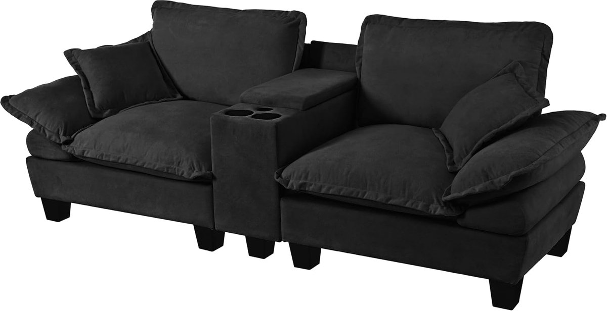 Couch Modulaire met Ottomaanse, comfortabele bank met opbergruimte, bekerhouder en USB-aansluiting, chenille woonkamerbank, modern, zwart, 2-zits (zwart, 2S)