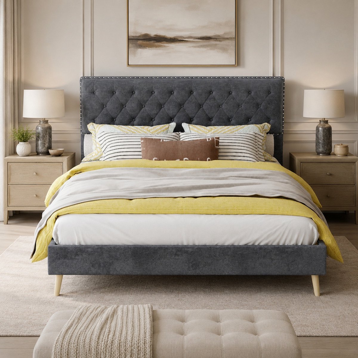 WUVRIE Gestoffeerd bedframe 140x200 cm met hoog hoofdbord, lattenbodem en ruimte onder bed, grijs