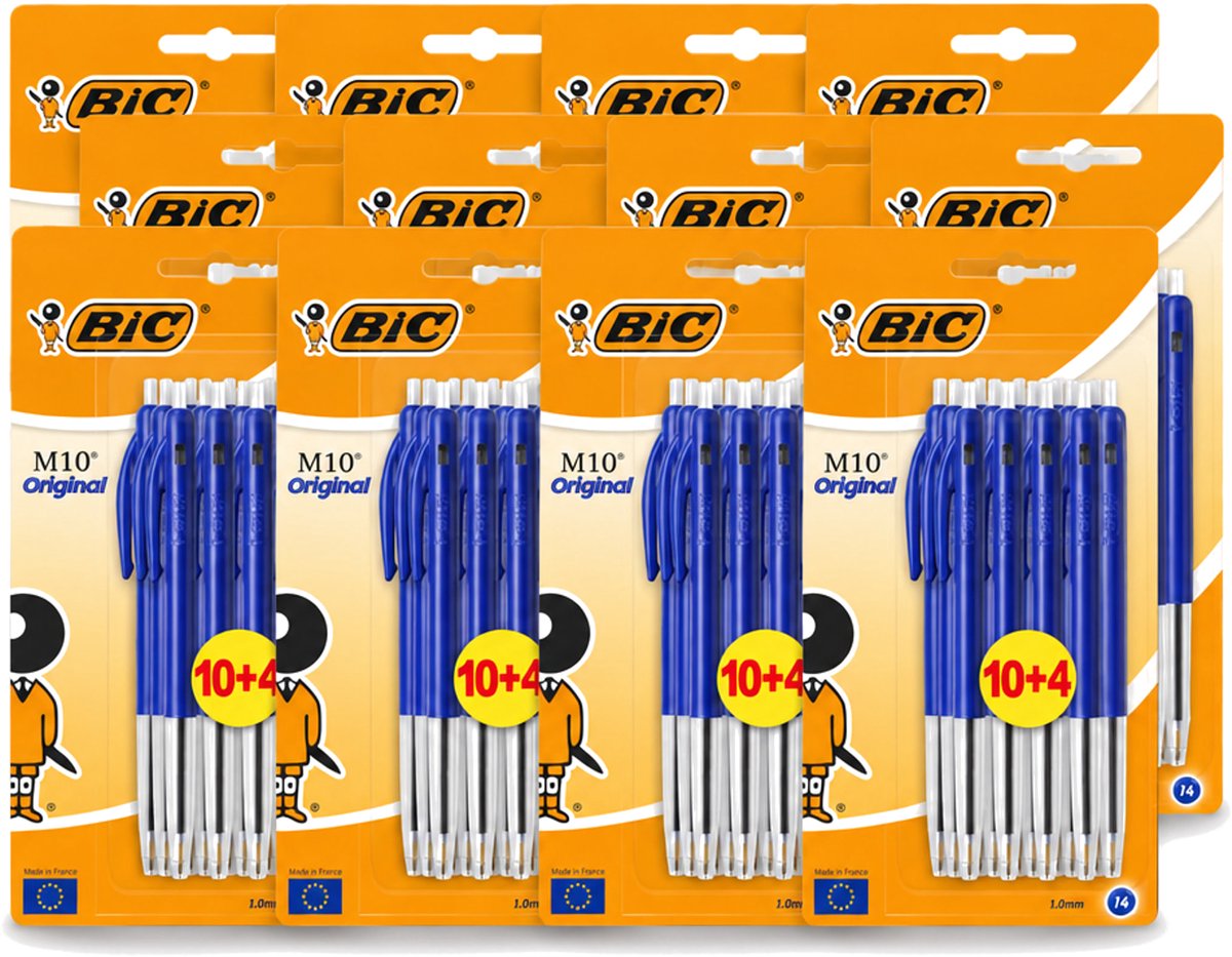 12 x BIC - M10 Original - Balpennen met Kliksysteem - Blauw - 1 mm Punt - 14 Pennen - Voordeelverpakking - 12 stuks