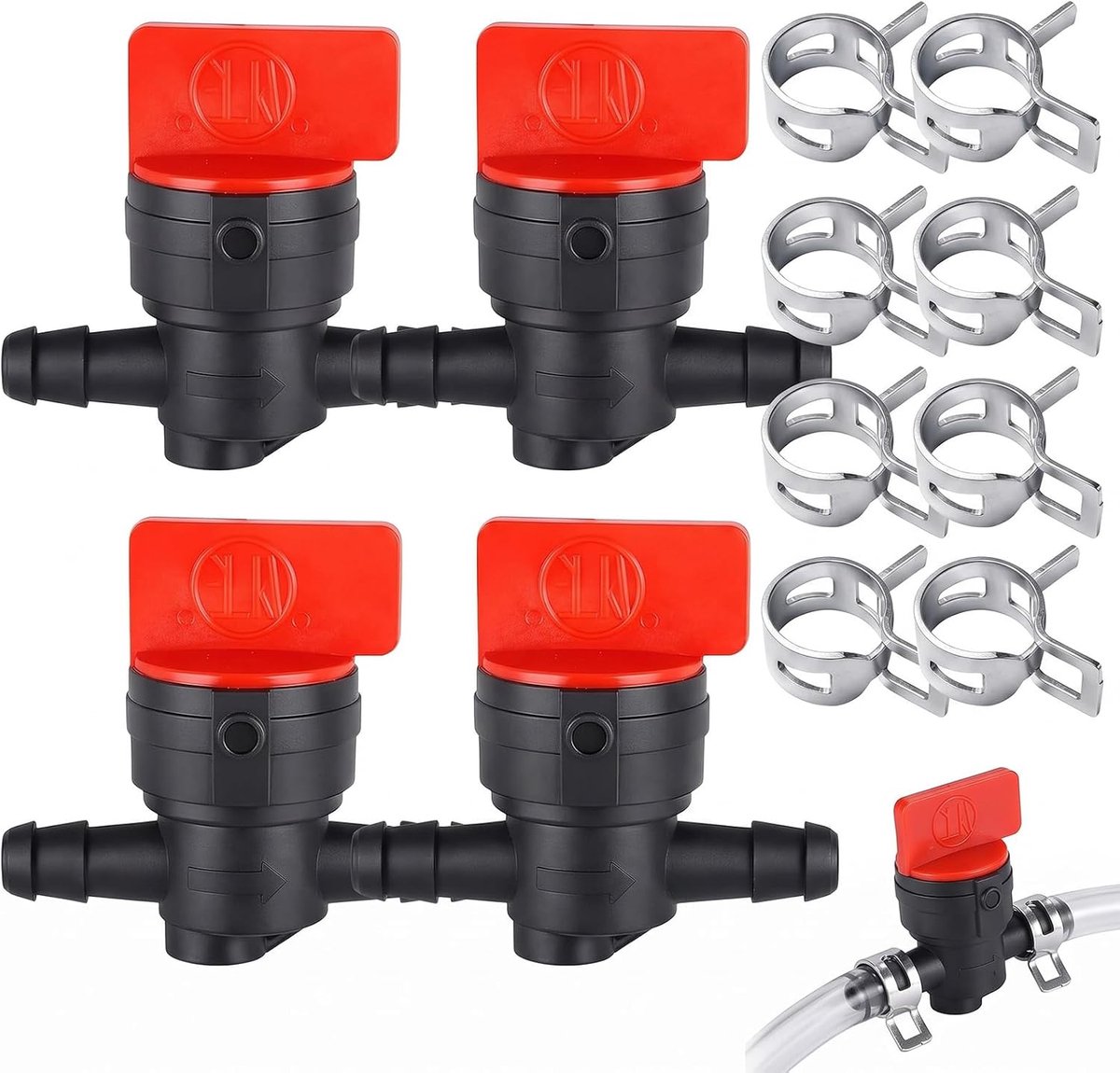 Pack of 4 Universal Petrol Tap 8 mm 1/4 with 8 Clamp Clamps, Plastic Fuel Shut-Off Valve for Lawnmower, Motorcycle - ShopVlot