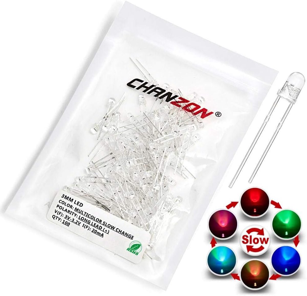 Chanzon 100pcs 3mm RGB Multicolor Slow Flashing (Multi Color Change) Dynamics LED Diode Lights (Flashing Around DC) - ShopVlot