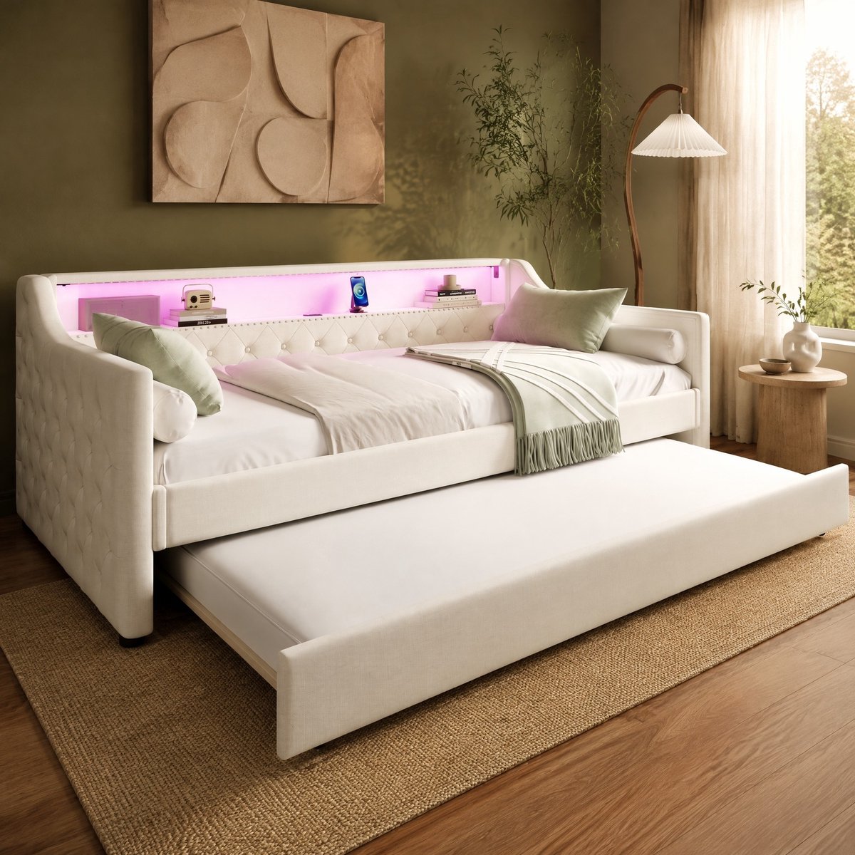 WUVRIE Slaapbank 90 x 200 cm met uitschuifbed, LED-verlichting, USB en lattenbodem, beige