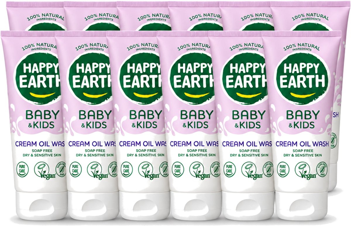 12 x Happy Earth – Cream Oil Wash – 100% Natuurlijk Baby & Kids – 200 ml - Voordeelverpakking - 12 stuks