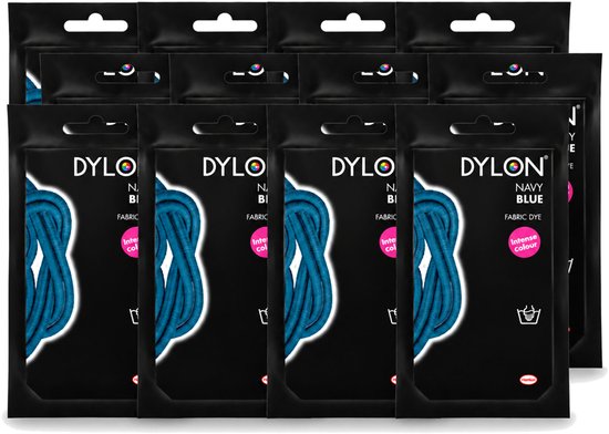 Twaalf verpakkingen DYLON handwas textielverf in Navy Blue, met roze sticker voor intense kleur.