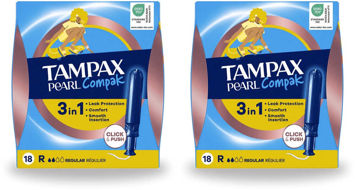 2 x Tampax – Tampons – Pearl Compak Regular met Inbrenghuls – 18 Tampons - Voordeelverpakking - 2 stuks