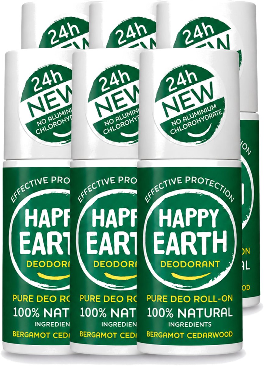 6 x Happy Earth – Deodorant Roll-On – 100% Natuurlijk Bergamot Cedarwood – 75 ml - Voordeelverpakking - 6 stuks