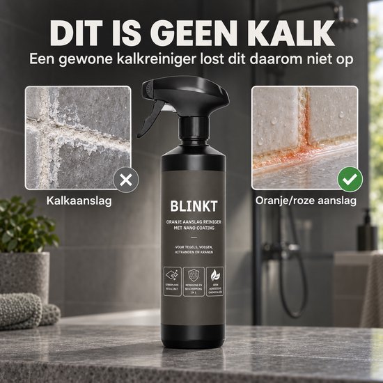 Vergelijking van kalkaanslag en oranje aanslag, met een fles BLINKT Oranje Aanslag Reiniger.