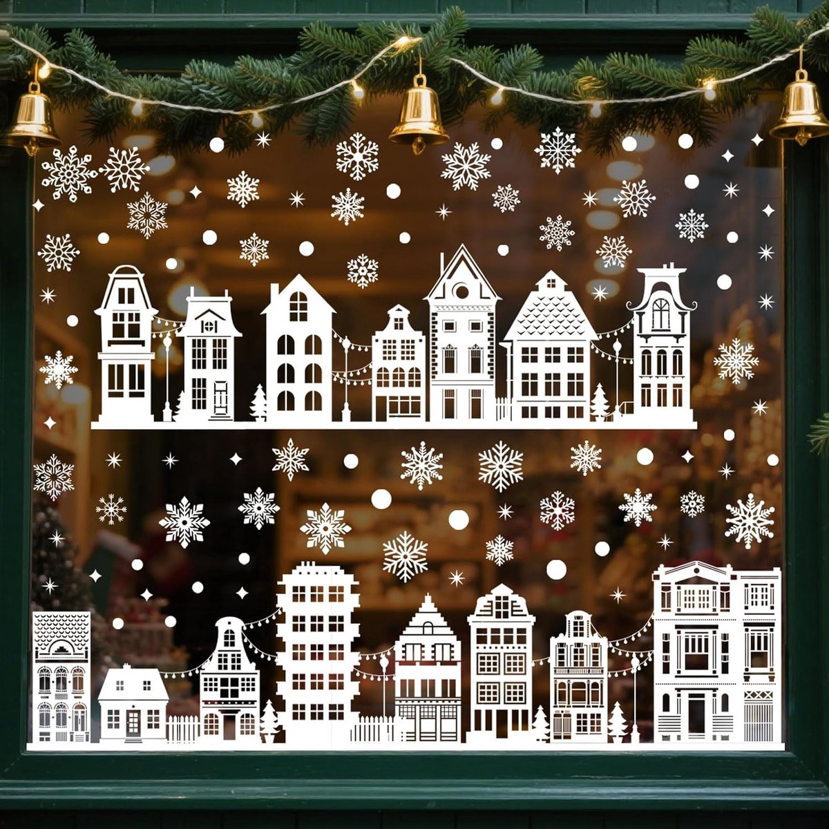 Herbruikbare Kerst Raamstickers Met Sneeuwvlokken En Huisjes - Dubbelzijdige Raamdecoratie Voor Kerstfeesten - Feestelijke Winter Versiering