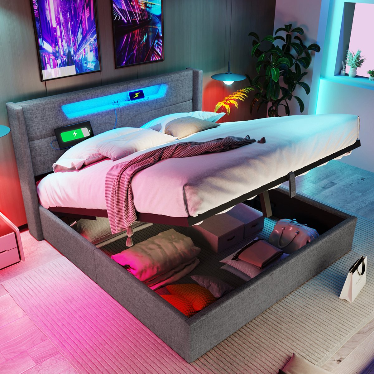 AURA LUMEN Gestoffeerd bed-Tweepersoonsbed-160x200 cm-LED-beleuchtung-USB en Type-C laadpoorten-Grijs-Zonder matras