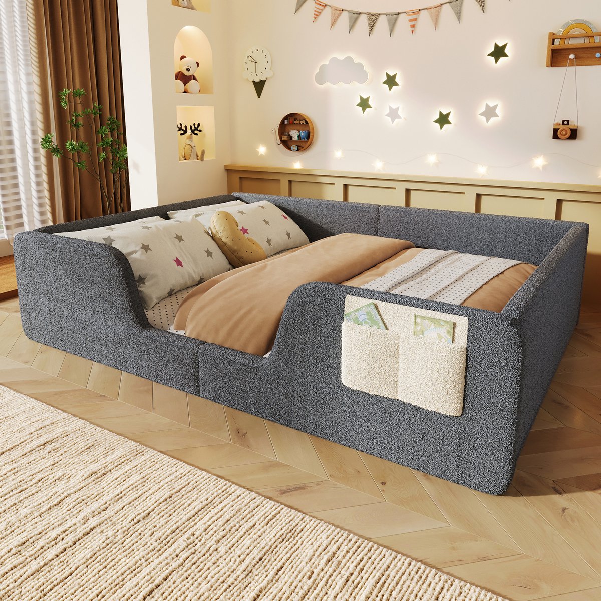 AURA LUMEN Gestoffeerd bed Twijfelaarbed 140 x 190 cm met afneembare veiligheidshekjes opbergzak grijze fluweel Grijs