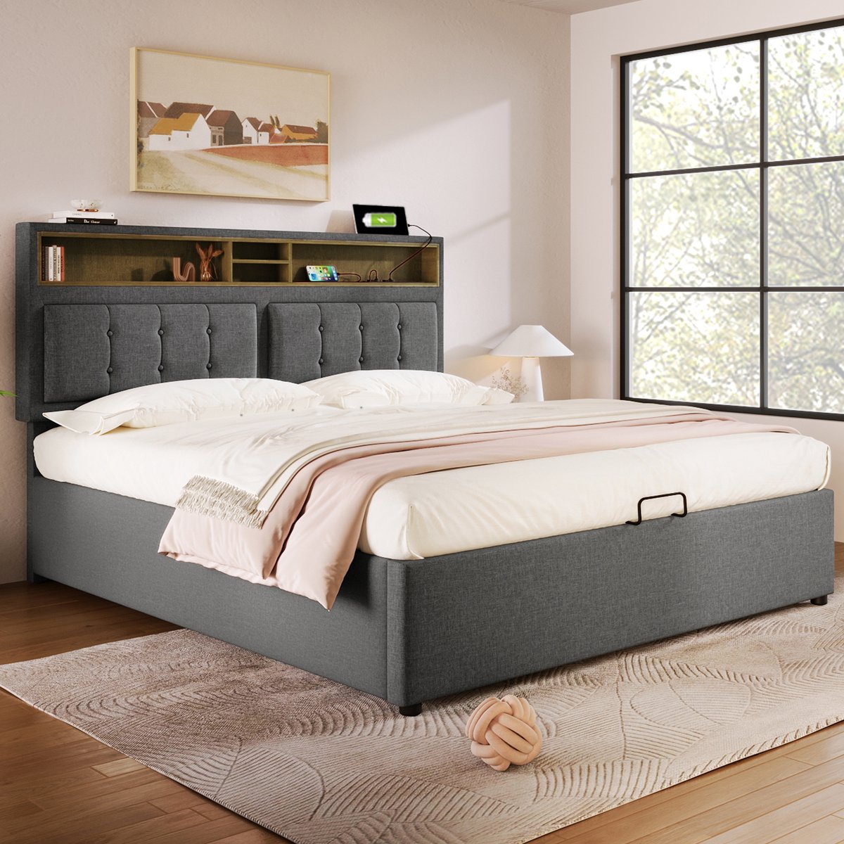 AURA LUMEN Gestoffeerd bed-Tweepersoonsbed-160 x 200 cm-Bed met hoofdbord-Bed met USB en Type-C-Bed met opbergruimte-Grijs