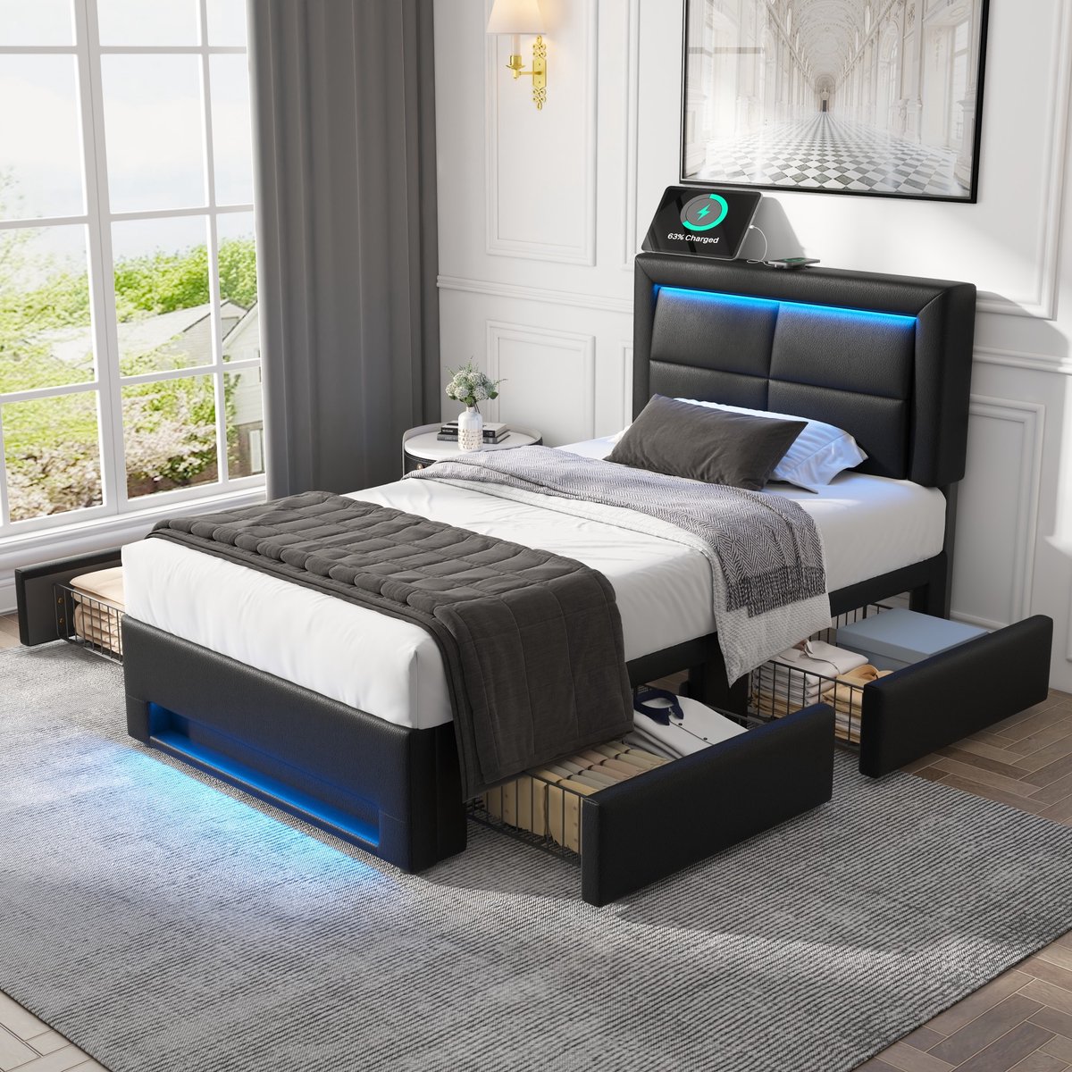 AURA LUMEN-Gestoffeerd bed-Eenpersoonsbed-90 x 200 cm-Bed met LED en USB-Bed met lades-Zwart-Zonder matras