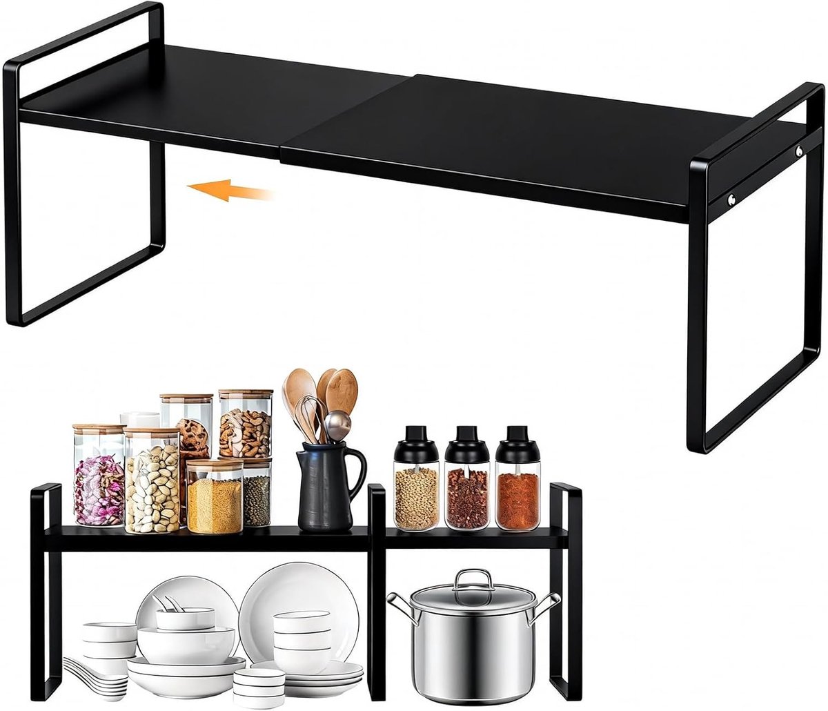 SnelShoppen - Expandable Cabinet Rack 35-65cm - Keuken Rack Organizer, verstelbare spice rack, stapelbare bar rack voor thuiskeuken, carbon staal, roe