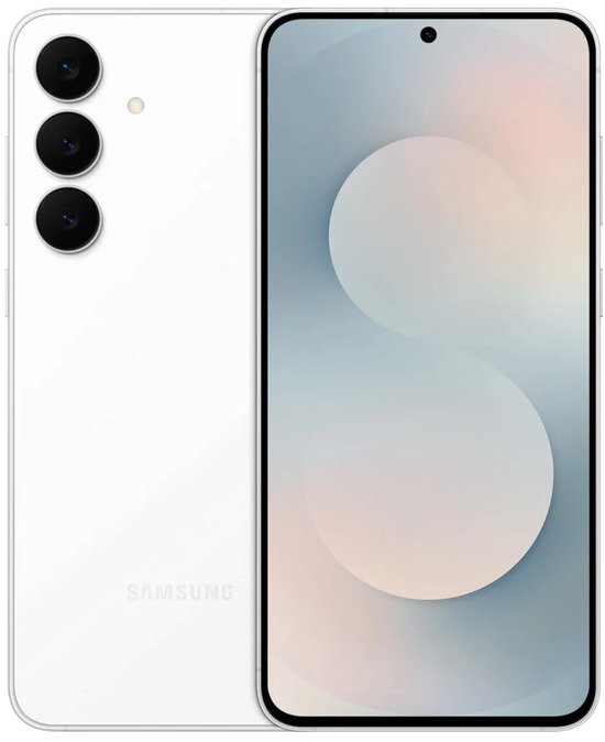 Samsung smartphone in wit, met drie achtercamera's en een display met abstracte cirkelvormige patronen.