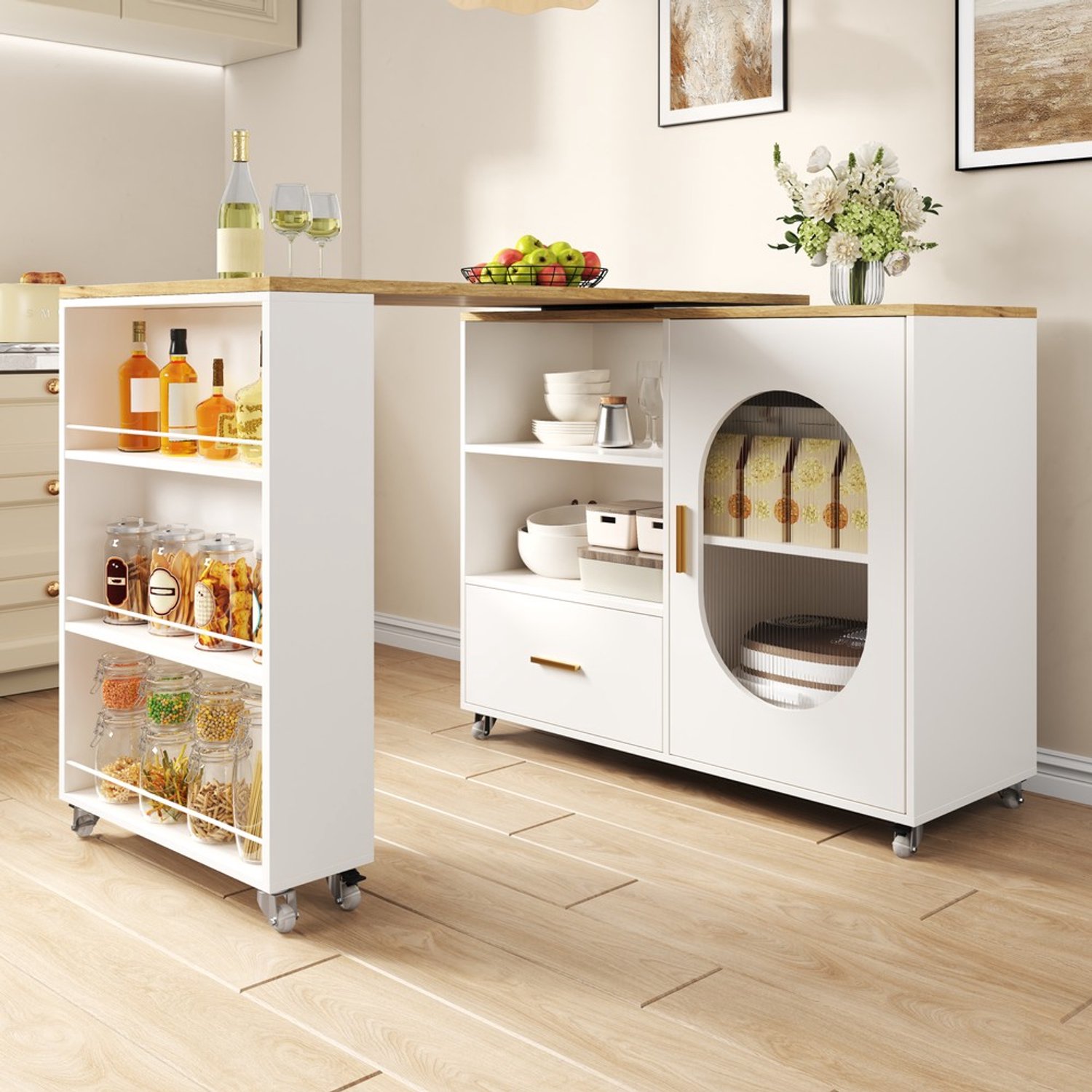 Pugsdrly Verplaatsbaar keukeneiland met 360° draaibaar tafelblad, bartafel met opbergruimte, keukenkast met lade, geribbeld glazen deur en verstelbare legplank, 120–180 × 60 × 90 cm, naturel/wit Natuur+Wit