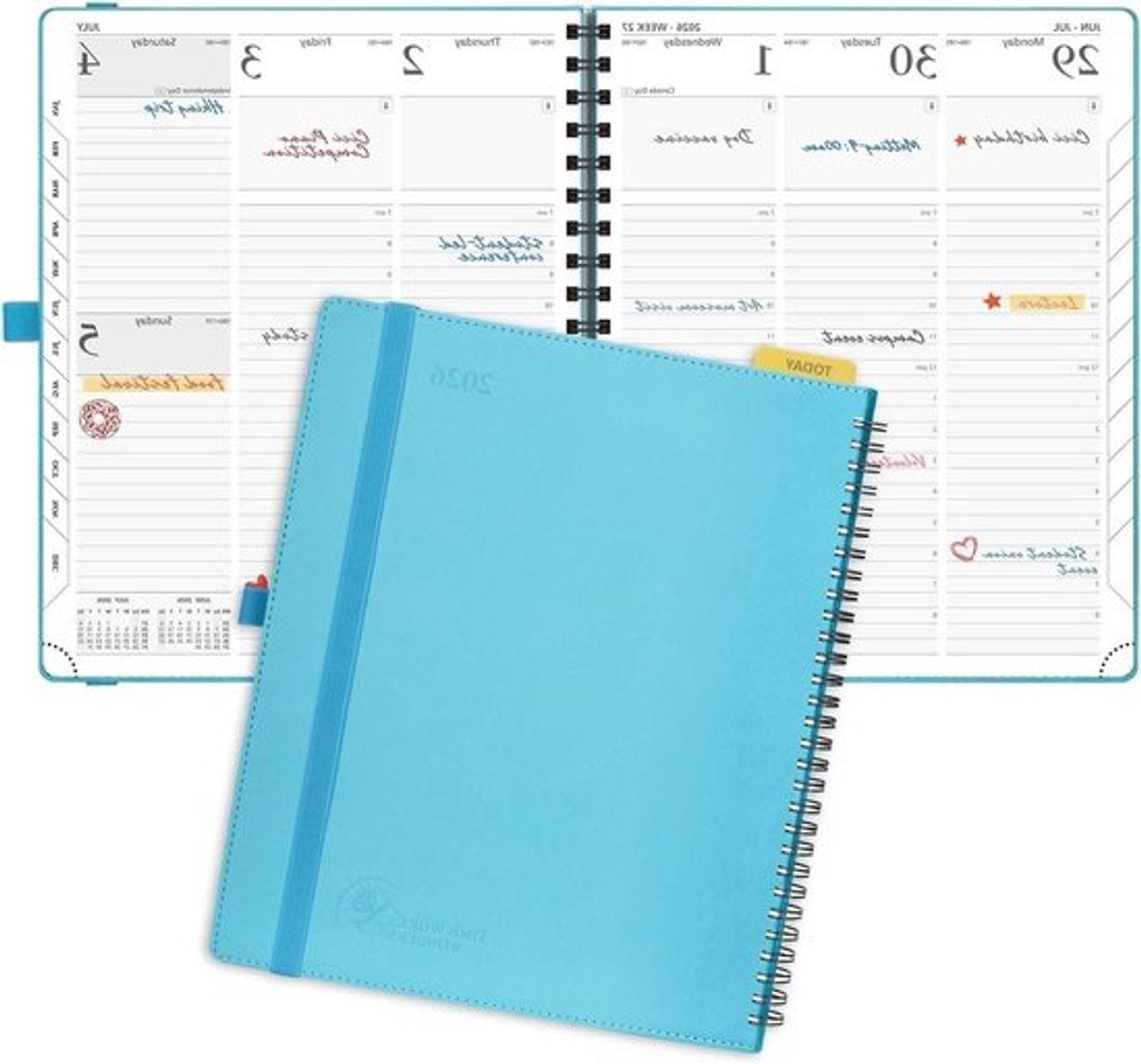 Planner voor de week van 2026 - Agenda voor afspraken en planning - Planning per dag - Indeling van de tijd in verticale kolommen - A4-formaat, ruim formaat - Blauwgroene kleur