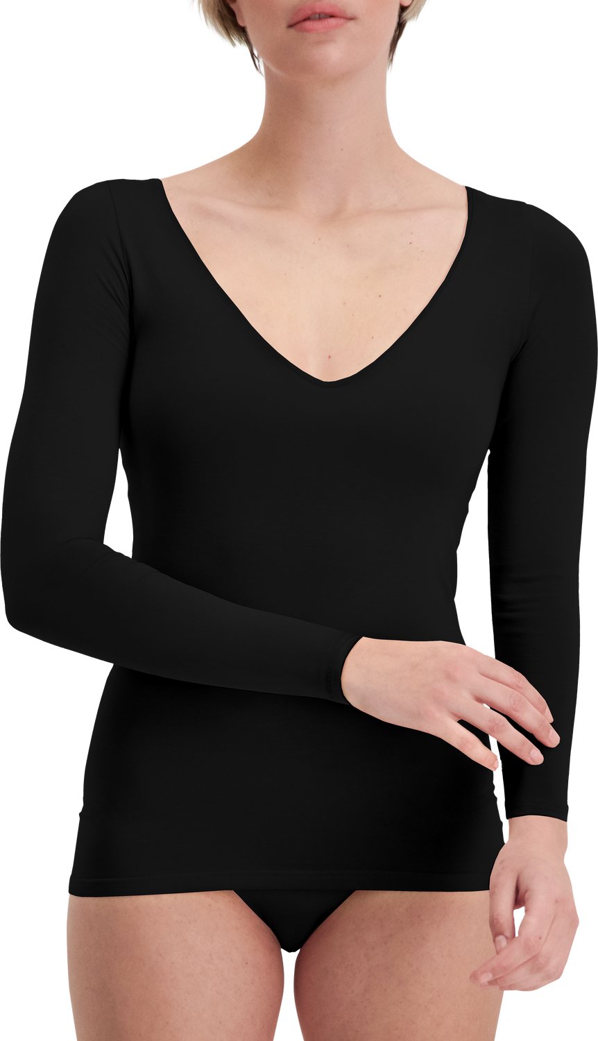 Noshirt Long Sleeve - Lite Cotton - Dames Ondershirt - Zwart - Deep V - Maat XXL