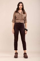 Toxik3 Dames Boyfriend Jeans, Donkerbruin, High Waist, Stretch Denim, Slim Fit Pasvorm, Opgerolde Zoom S