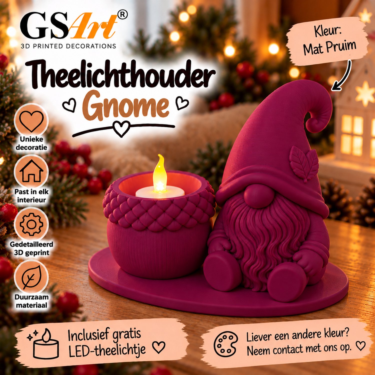 GSArt Theelichthouder Gnome – Inclusief LED Theelichtje – 3D Geprint - Mat Pruim