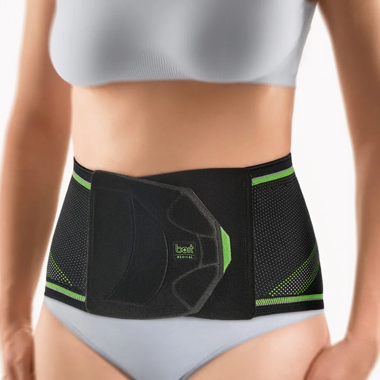 BORT StabiloBasic Lady Sport Rugbandage met Pelotte – Onderrug – Getailleerd Damesmodel – Zwart/Groen – Maat 4