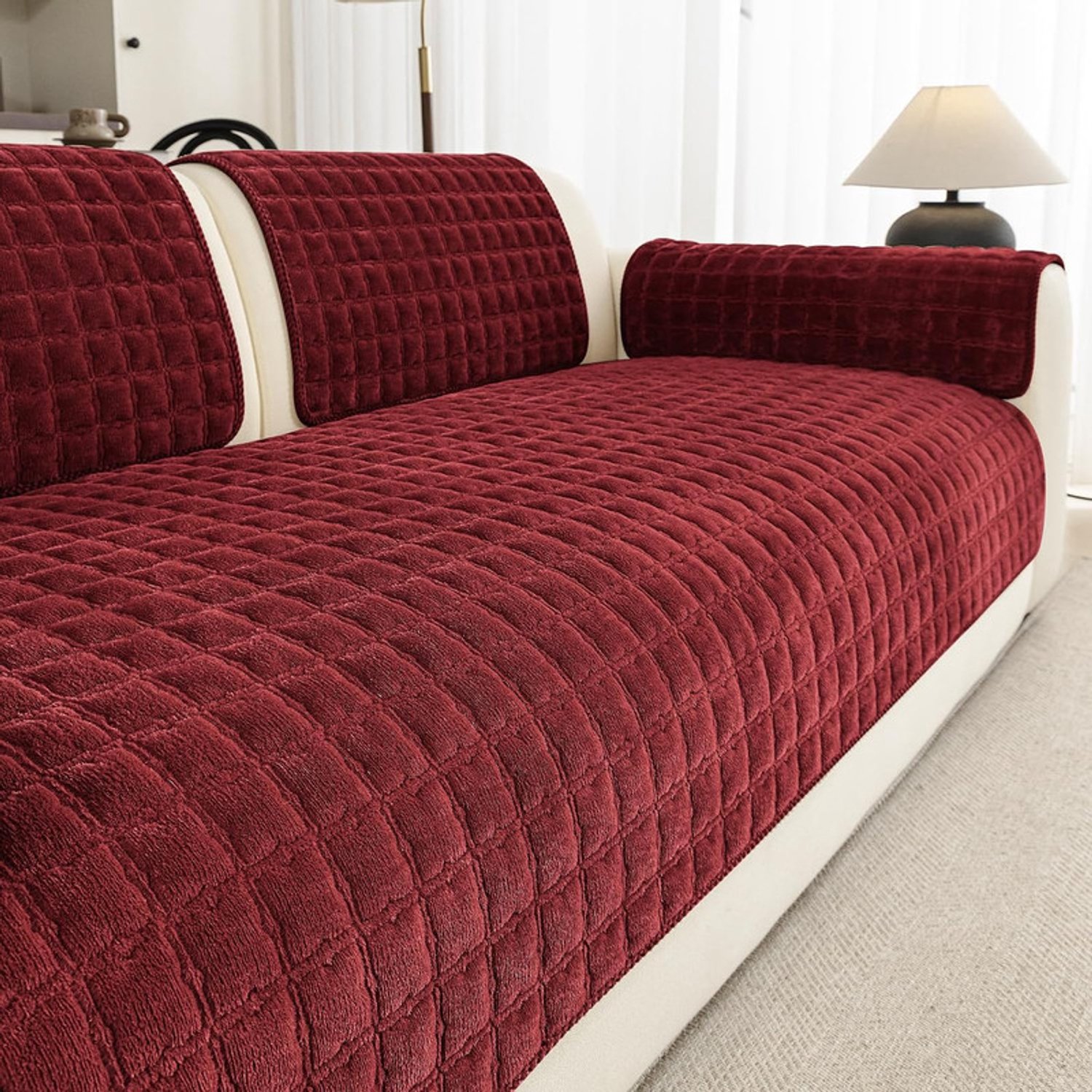 Yashumito Bankhoes van Flanel - 70 x 120 cm - Bordeauxrood - Antislip - Wasbaar - Universele Meubelbeschermer voor 2-3-4 Zitsbank - Per Stuk