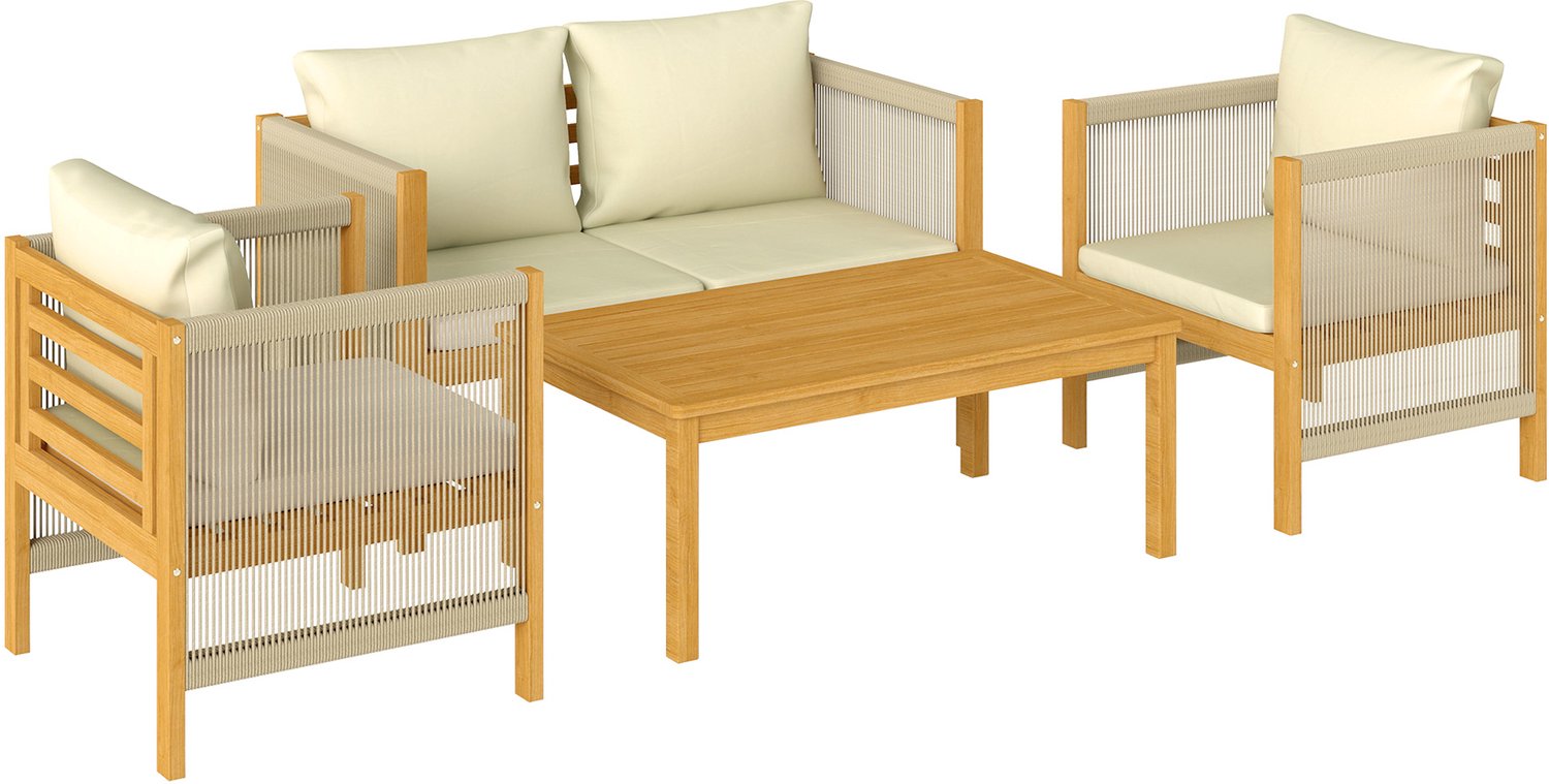 Sunona 4-delige tuinmeubelset van acaciahout - Met 2-zitsbank, 2 stoelen en lamel-salontafel - Inclusief kussens - Natuurlijk hout en beige