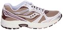 Bruine Saucony Grid Legacy sneaker met wit en zilveren details, mesh bovenwerk en Saucony-logo aan de zijkant.