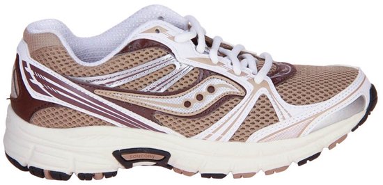 Bruine Saucony Grid Legacy sneaker met wit en zilveren details, mesh bovenwerk en Saucony-logo aan de zijkant.