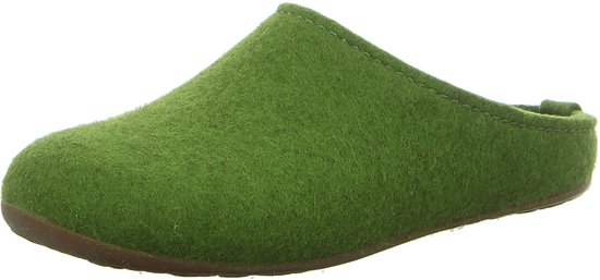 Groene Haflinger Everest Fundus pantoffel, schuin vooraanzicht.