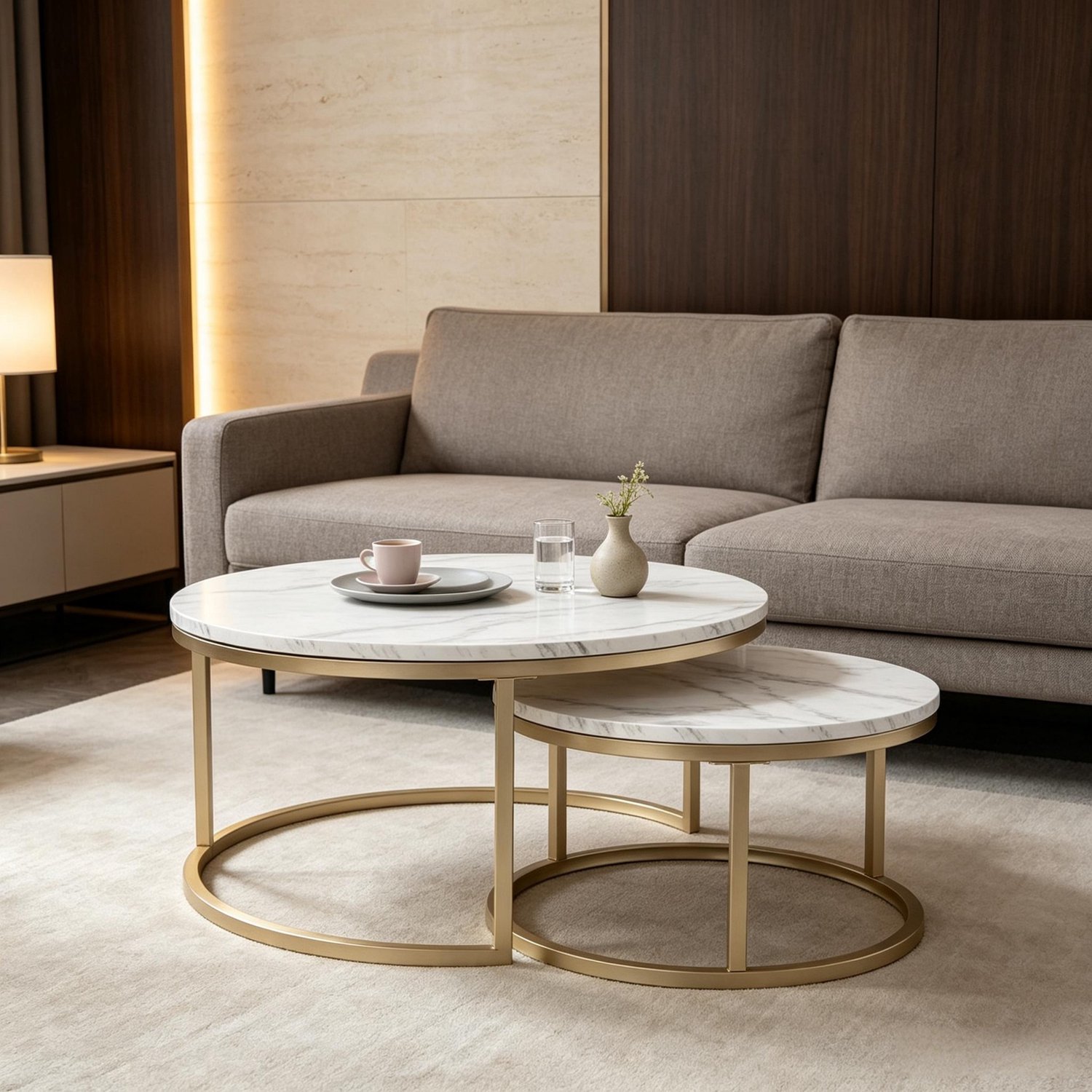 STILVORA Salontafelset - Twee Ronde Inschuifbare Tafels Met Marmerlook - Voor Woonkamer En Naast De Bank - Metaal En MDF - Wit - 80x80x45 Cm