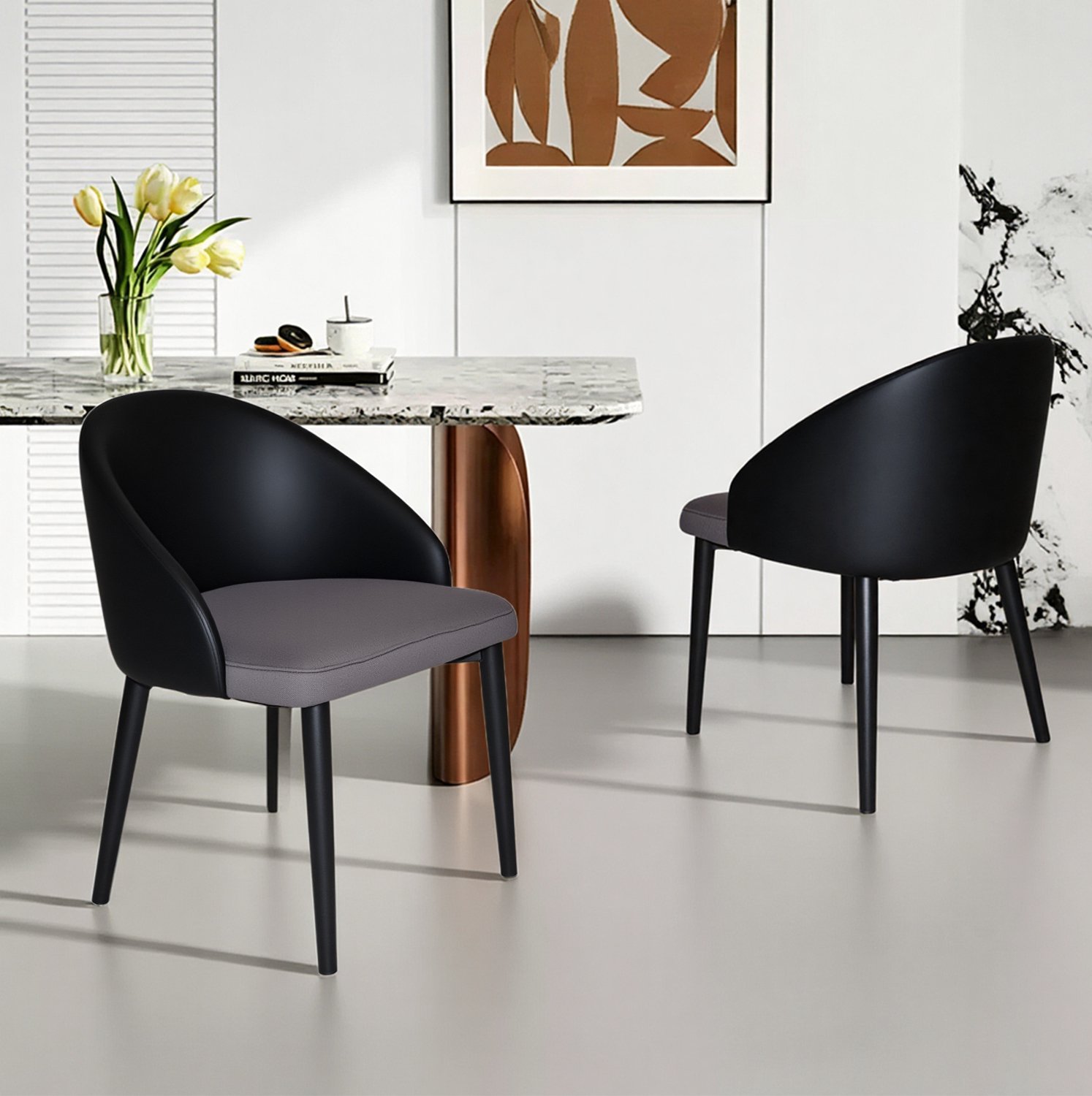 MODFU Eetkamerstoelen Set Van 2 - Grijze Zitting - Zwarte Rugleuning - Metalen Poten Zwart en grijs