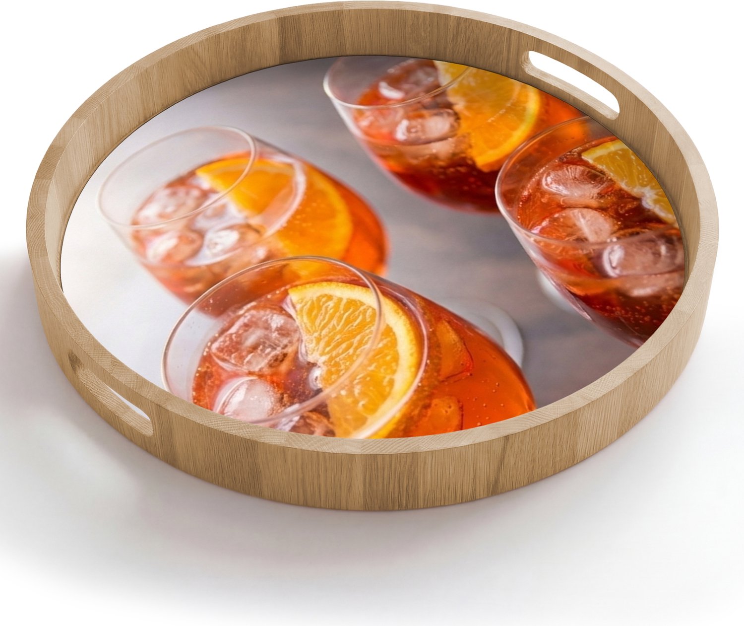 Dienblad rond 50x50 cm - Schootdienblad hout - Drank - Sinaasappel - IJs - Zomer - Oranje - Borrelplank rechthoek - Plateau houten dienbladen