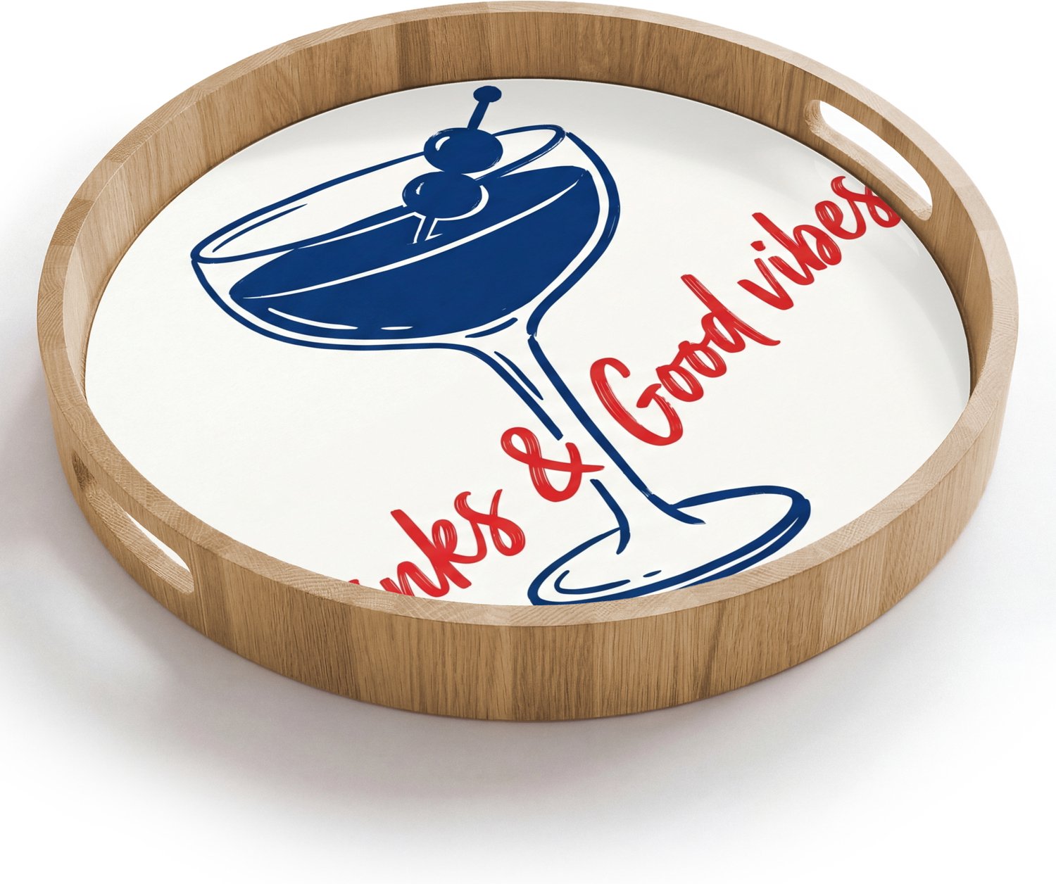 Dienblad rond 40x40 cm - Schootdienblad hout - Cocktail - Glas - Illustratie - Blauw - Wit - Borrelplank rechthoek - Plateau houten dienbladen