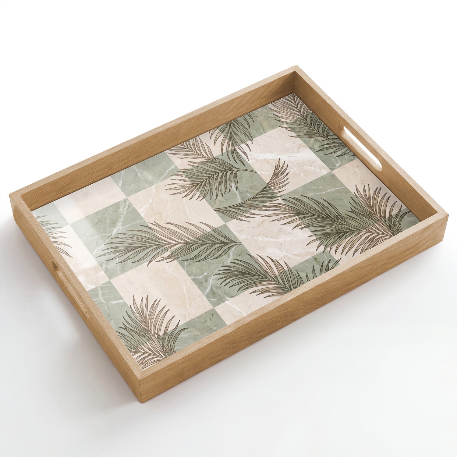 Dienblad hout 50x35 cm - Schootdienblad - Planten - Bladeren - Marmer - Modern - Groen - Borrelplank rechthoek - Plateau dienbladen