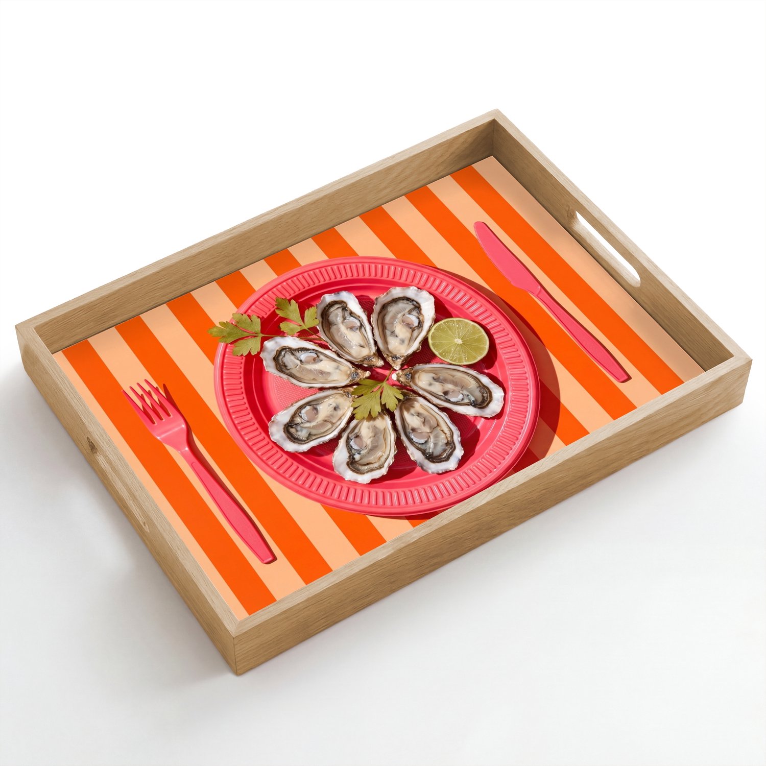 Dienblad hout 50x35 cm - Schootdienblad - Eten - Oester - Zeevruchten - Oranje - Modern - Borrelplank rechthoek - Plateau dienbladen