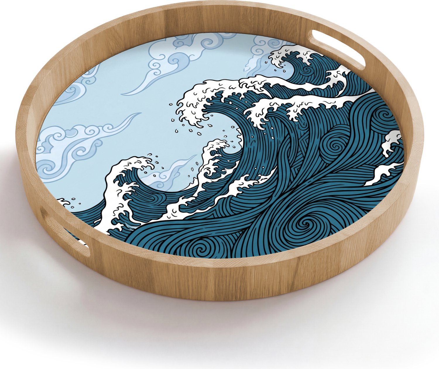 Dienblad rond 50x50 cm - Schootdienblad hout - Zee - Golven - Japans - Natuur - Blauw - Borrelplank rechthoek - Plateau houten dienbladen