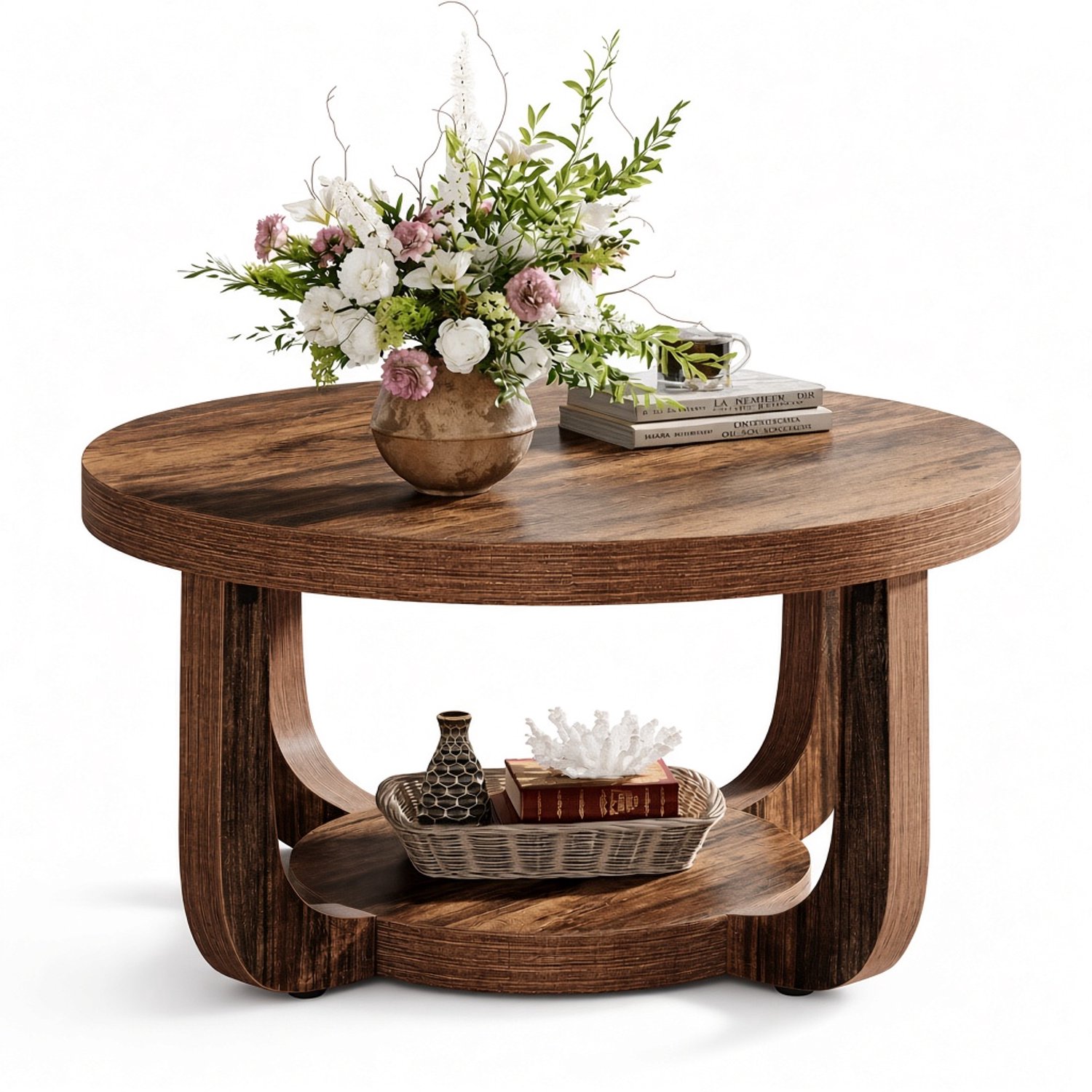 Mura Logistiek Mura Salontafel - Bijzettafel - Koffietafel - Coffee Table - Tafeltje - 2-Lagen Opbergruimte - Hout - 80cm Diameter - Bruin