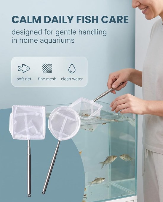 Aquarium Schepnet Set - Groot Vierkant en Rond - Telescopische Handgreep - Voor Stressvrije Vangst van Vissen — afbeelding 5