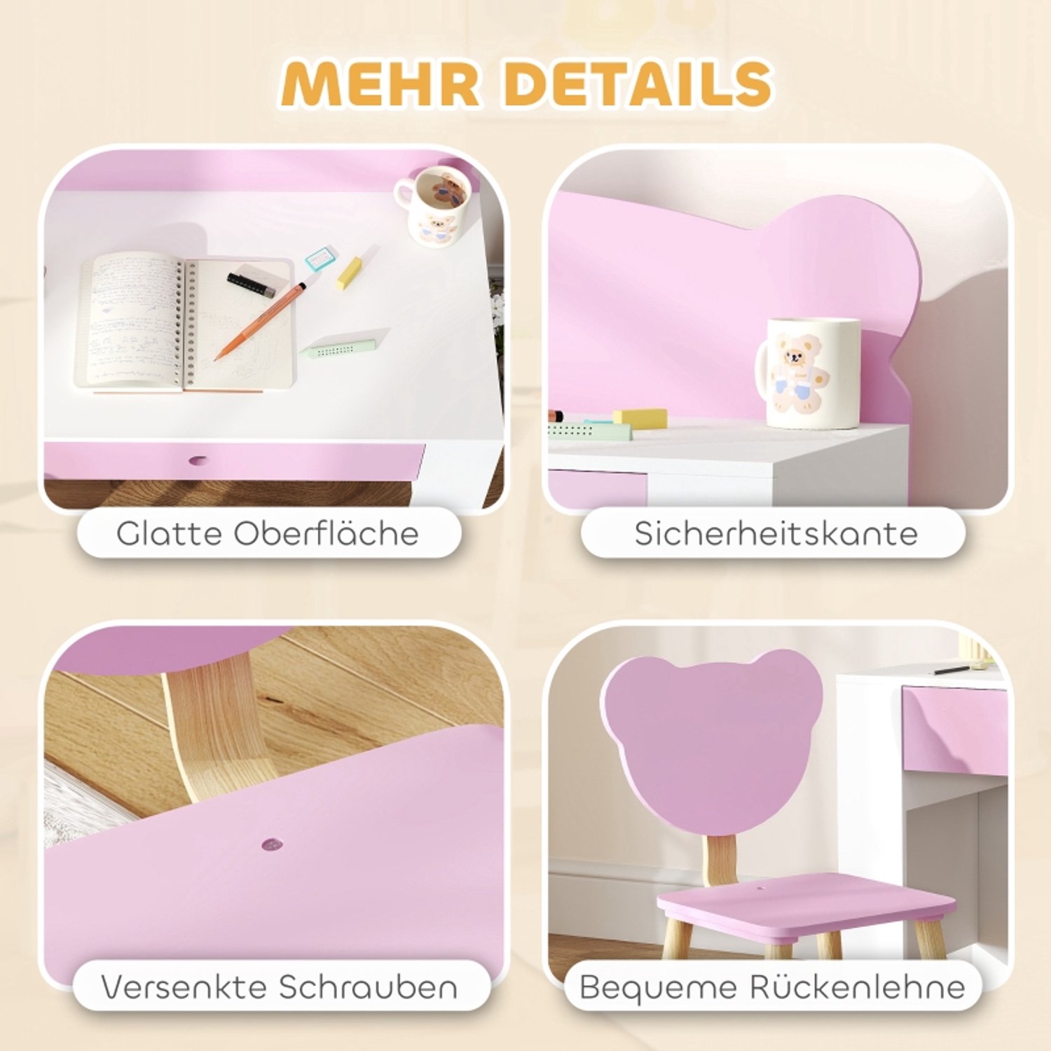 STILVORA Kinderbureau met Stoel - Schrijftafel met Lade en Berenrugleuning - Voor Kinderkamer en Speelkamer - Hout - 80 x 41 x 74,5 cm - Roze