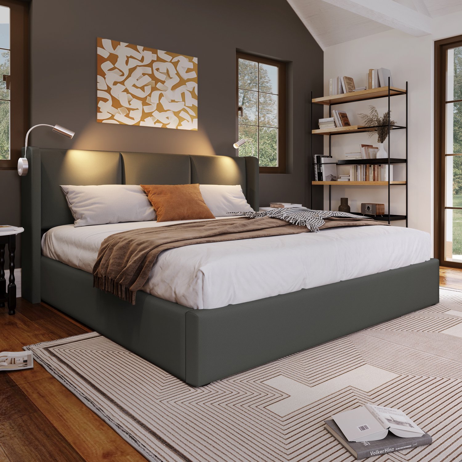 MUVANO Gestoffeerd opbergbed 160x200 - grijs kunstleren tweepersoonsbed met leeslamp en USB-oplaadfunctie, metalen frame en lattenbodem zonder matras