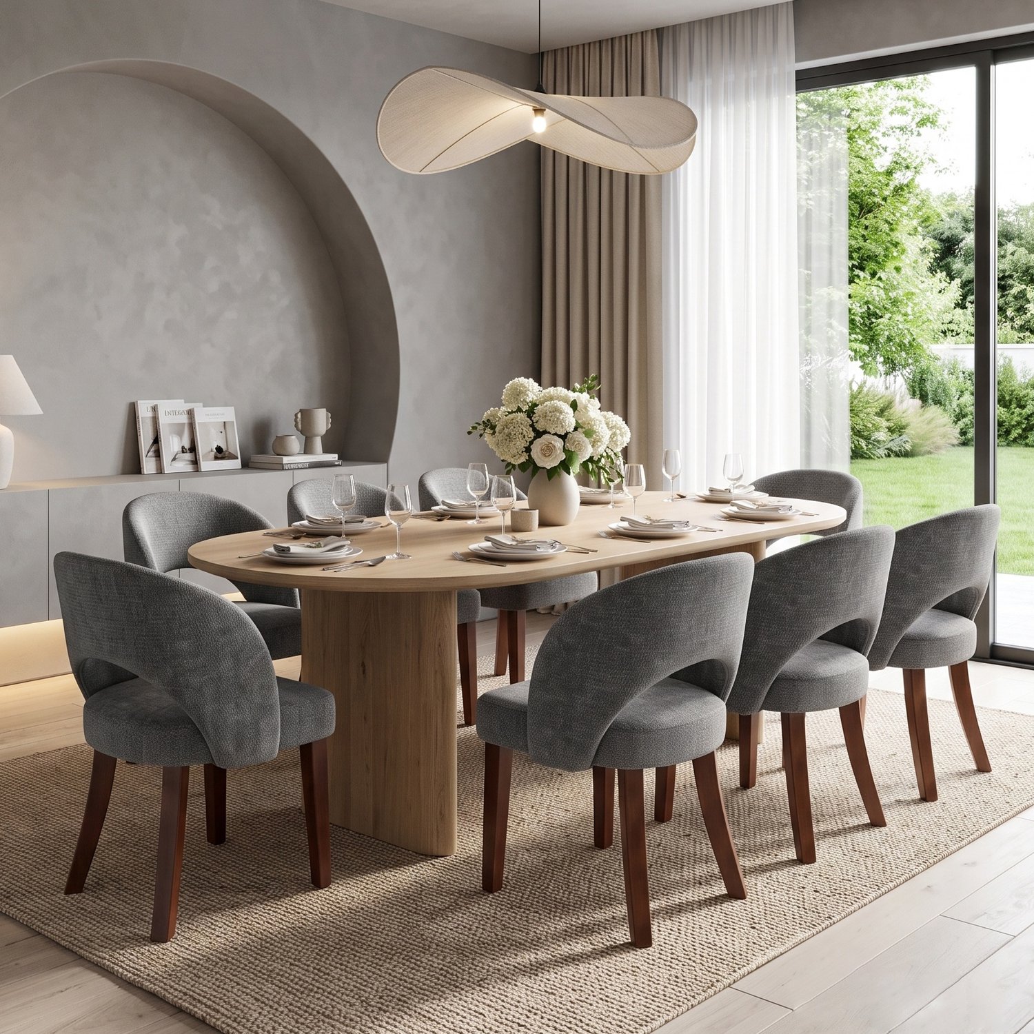 Puluomis Eetkamerstoelen - Set Van 8 - Chenille stof - Massief houten poten - Grijs