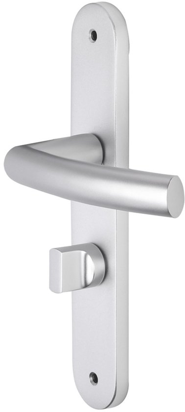 Aluminium deurkruk op een ovaal schild met toiletsluiting, strak en modern gebogen ontwerp.