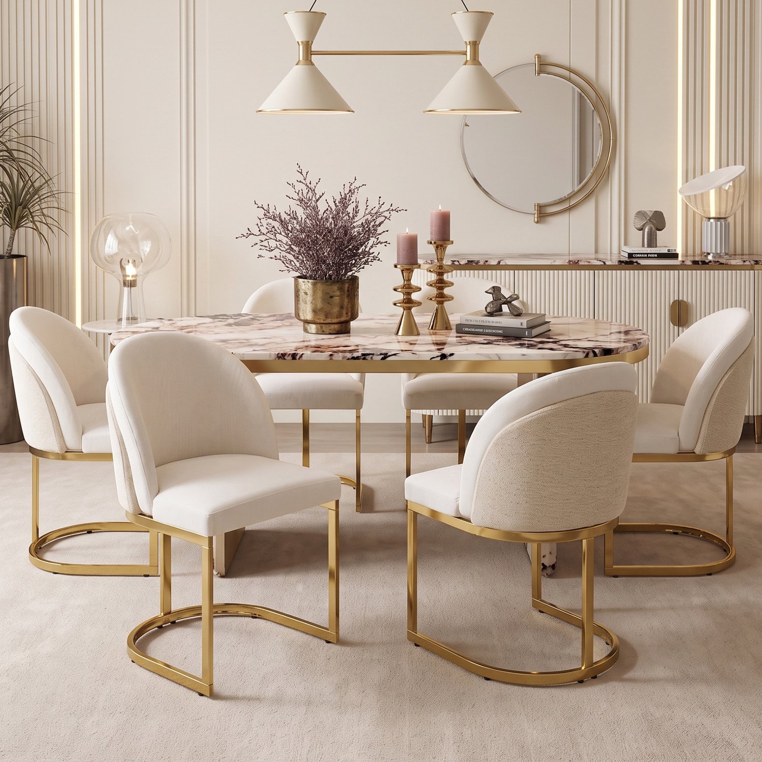MODFU Eetkamerstoelen Set Van 4 - Dubbele Rugleuning - Modern - Chenille En Metaal - Beige En Goud Beige, goud