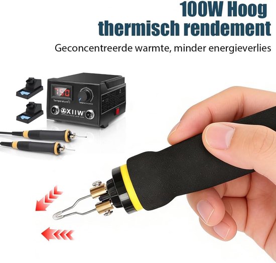 Houtbrander met 100W, digitale temperatuurweergave, verstelknop en handgreep.