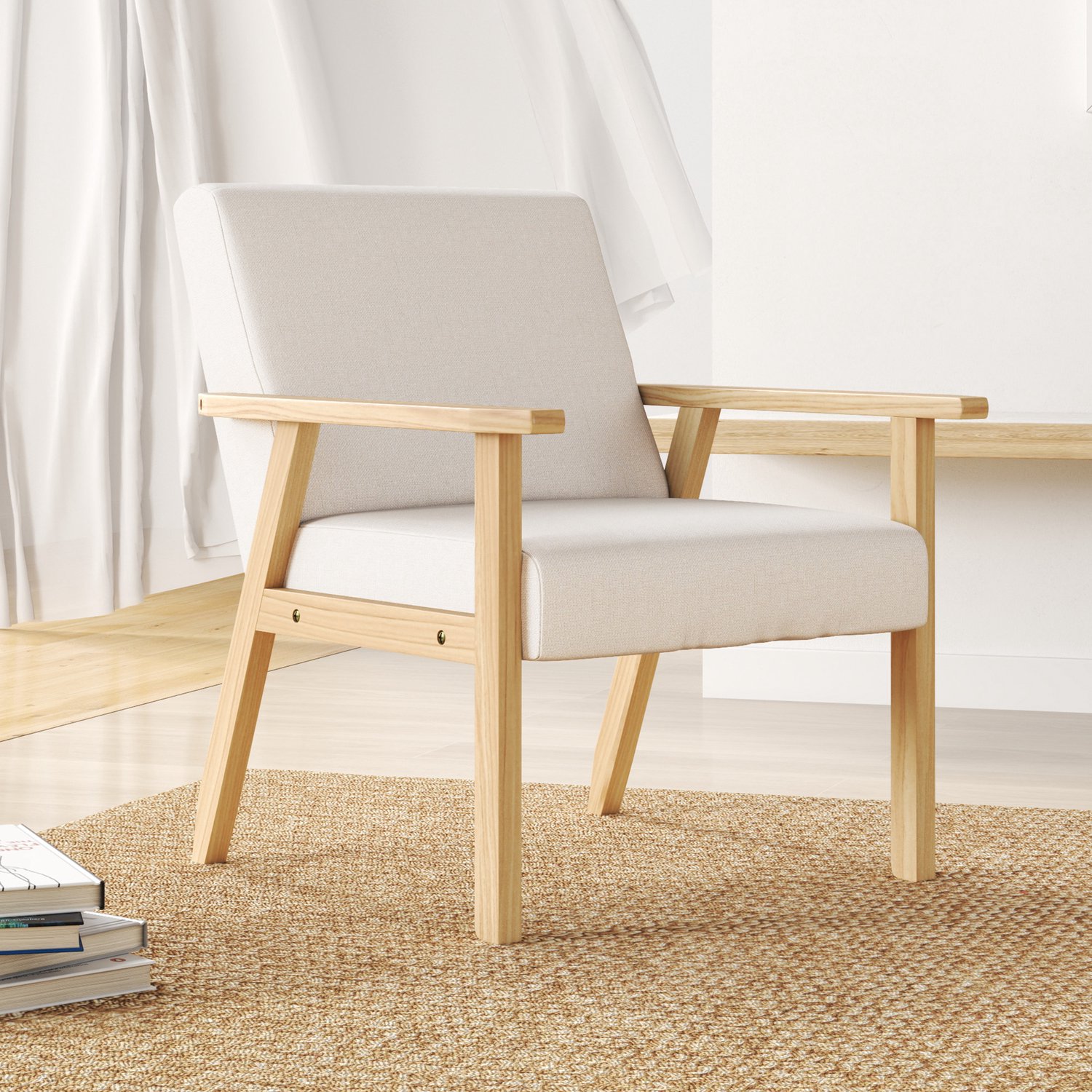 OKWISH Fauteuil 64 x 70 x 72 cm - Brede Zitting met Armleuningen en Twee Kussens - voor Woonkamer en Slaapkamer - Linnen en Hout - Crèmewit