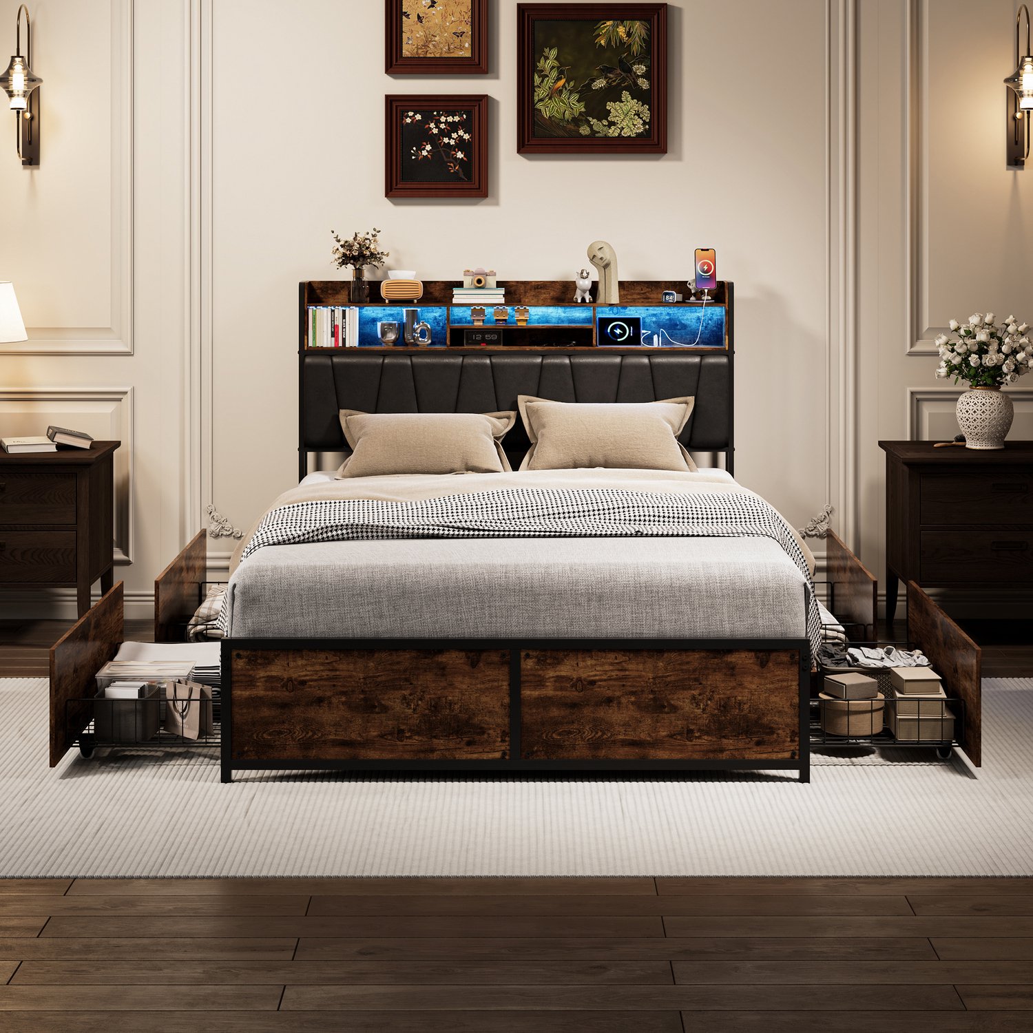 ROSAHQNDA Volwassen tweepersoonsbed bed 140x200 cm met LED-verlichting, 4 opberglades en opbergvakken in het hoofdbord, lattenbodem, houtkleur, zonder matras