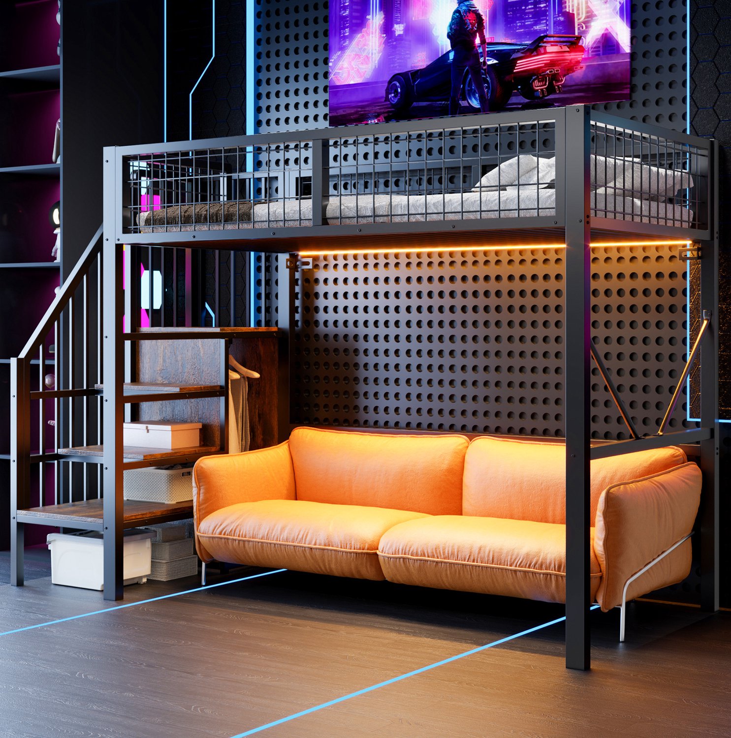 Wishdor Hoogslaper 90 x 200 cm - Opbergladder met kledingroede - LED-verlichting en veiligheidshek - Industrieel design - Slaapkamer - Metaal en hout - Zwart
